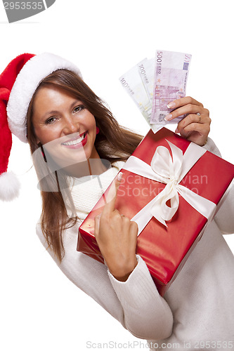 Image of Young woman with an Xmas gift and money