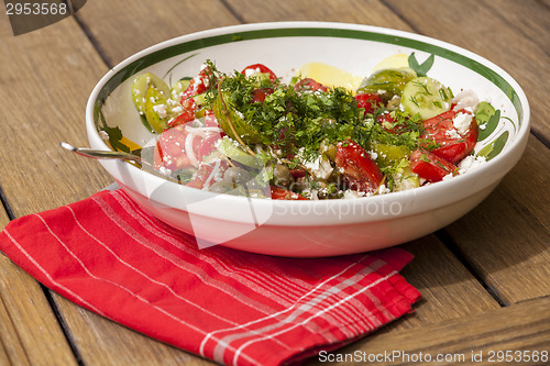 Image of Bowl of Marinated Greek Salad with Red Napkin