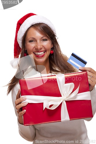 Image of Woman holding a Christmas gift and bank card