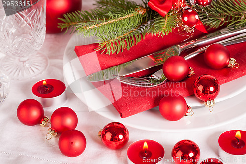 Image of Red themed Christmas place setting