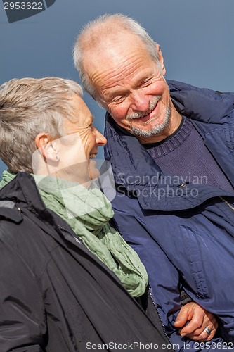 Image of happy elderly senior couple walking on beach