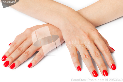 Image of Woman with beautiful manicured red fingernails