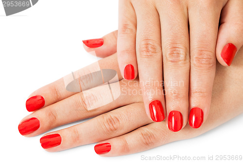 Image of Woman with beautiful manicured red fingernails