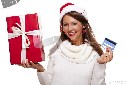 Image of Woman holding a Christmas gift and bank card