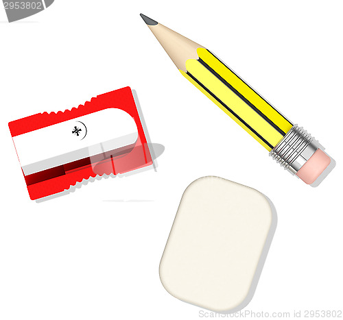 Image of pencil, sharpener and eraser