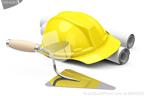 Image of helmet, drawings and brick trowel