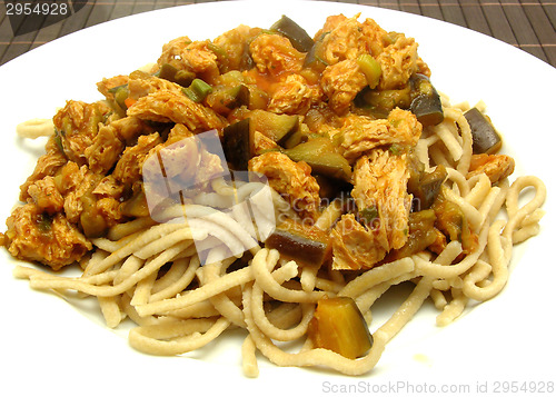 Image of Soy Geschnetzeltes with wholemeal spaetzle on white plate