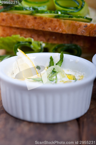 Image of fresh vegetarian sandwich with garlic cheese dip salad