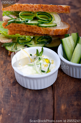 Image of fresh vegetarian sandwich with garlic cheese dip salad