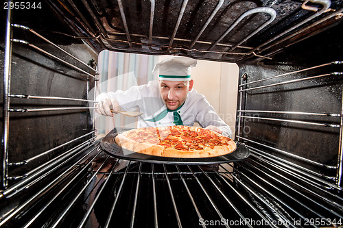 Image of Chef cooking pizza in the oven.