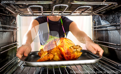 Image of Cooking chicken in the oven at home.