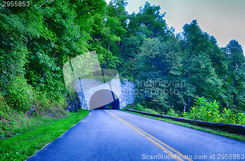 Image of tunnel through mountains on blue ridge parkway in the morning