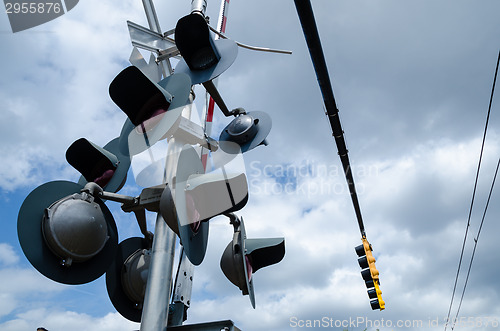 Image of Railroad crossing sign against blue sky background