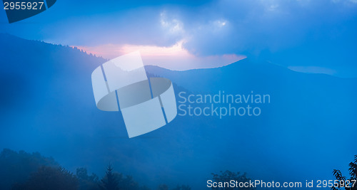 Image of The Blue Ridge in fog, seen from Craggy Pinnacle, near the Blue 