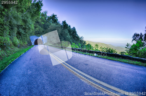 Image of tunnel through mountains on blue ridge parkway in the morning