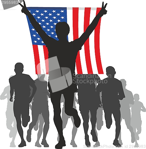 Image of Winner with the American flag at the finish
