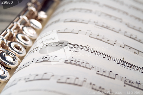 Image of A flute rests inside a musical score