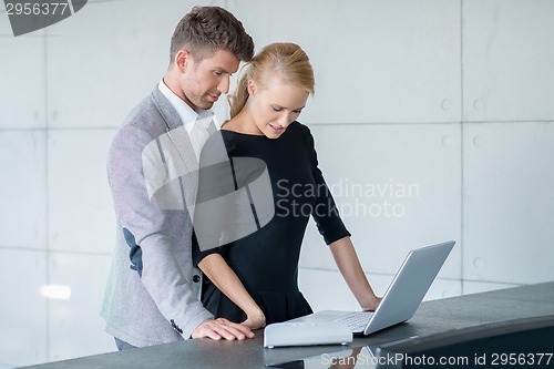 Image of Middle Age Romantic Couple Testing Laptop on Table