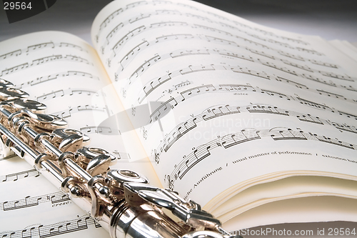 Image of Flute on an open musical score with gray background