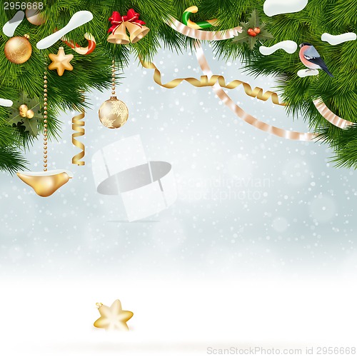 Image of Christmas background with fir and gold balls.