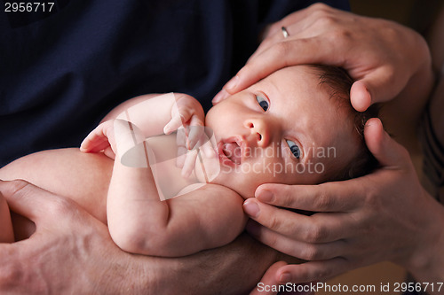Image of Newborn baby in hands of parents