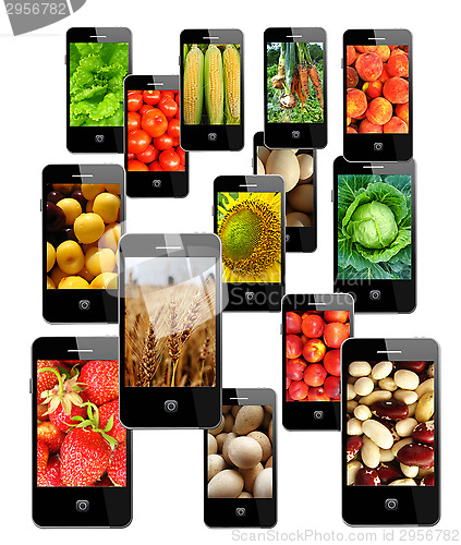 Image of Modern mobile phones with different images