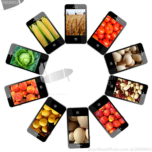 Image of Modern mobile phones with different images