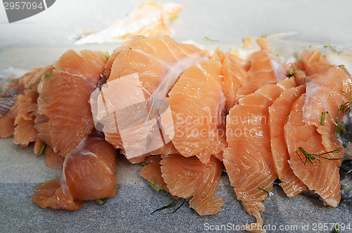 Image of sliced salted salmon fillet on paper