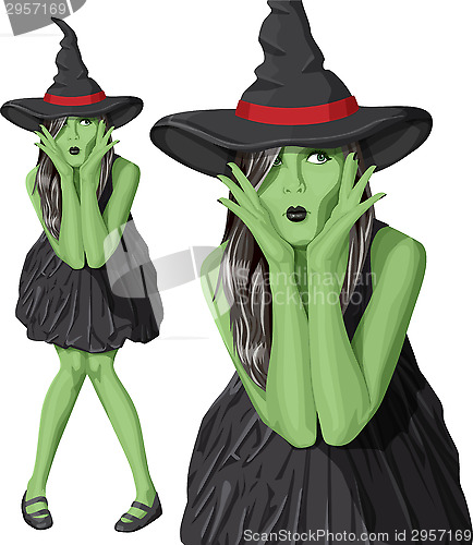Image of Vector green witch woman with hat on Halloween