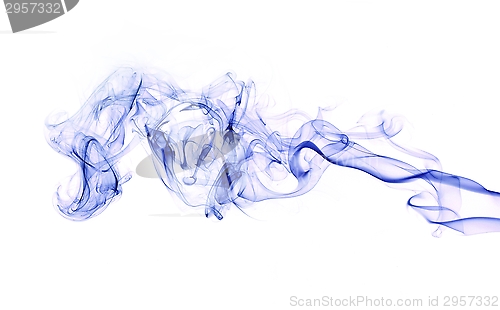 Image of Blue smoke trail on white background