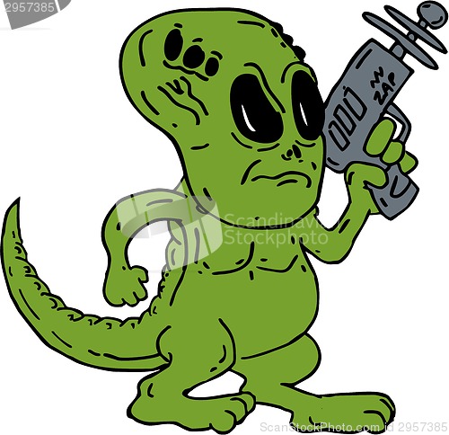 Image of Alien Dinosaur Holding Ray Gun Cartoon