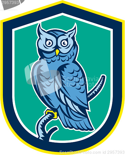 Image of Great Horned Owl on Branch Shield Retro