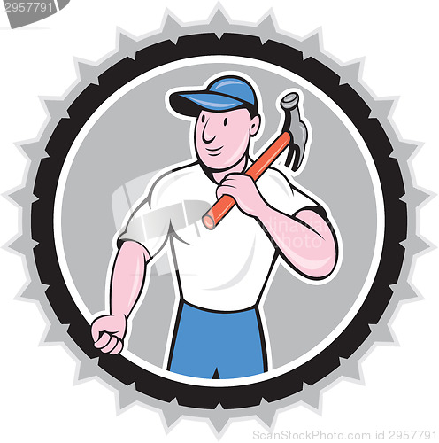 Image of Builder Carpenter Holding Hammer Rosette Cartoon