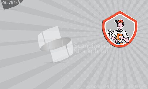 Image of Business card Builder Carpenter With Plans Shield Cartoon