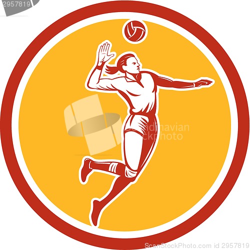 Image of Volleyball Player Spiking Ball Circle Retro