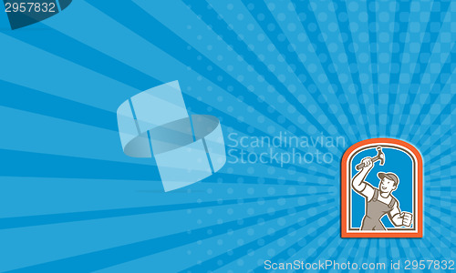 Image of Business card Builder Carpenter Holding Hammer Shield Cartoon