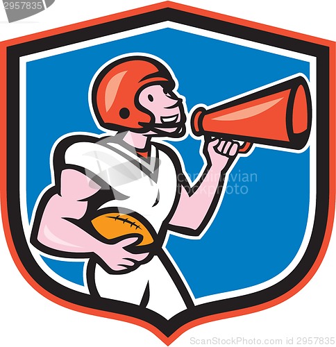 Image of American Football Quarterback Bullhorn Shield Cartoon