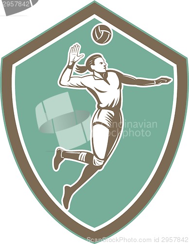 Image of Volleyball Player Spiking Ball Shield Retro
