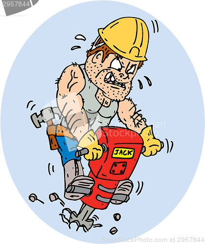 Image of Construction Worker Jackhammer Drilling Cartoon