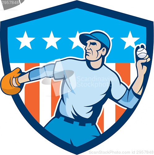 Image of Baseball Pitcher Throwing Ball Shield Cartoon