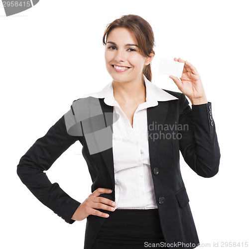 Image of Businesswoman holding  a business card