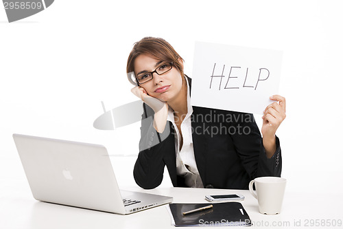 Image of Business woman asking for help