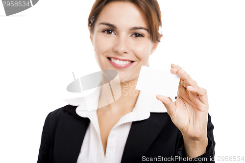 Image of Businesswoman holding  a business card
