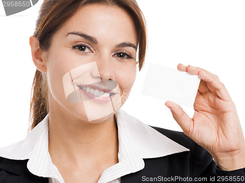 Image of Businesswoman holding  a business card