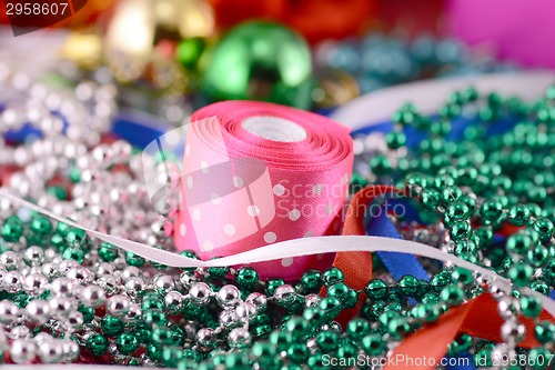 Image of Christmas balls, diamonds and ribbon, new year decoration