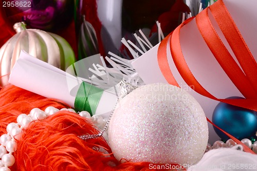 Image of Christmas balls, diamonds and ribbon, new year decoration