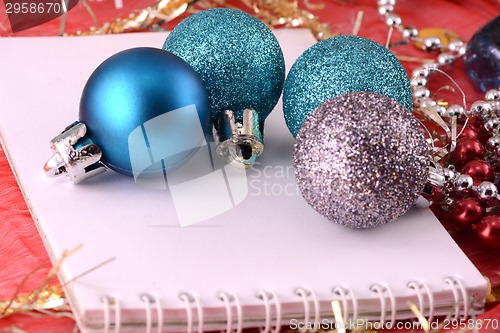 Image of christmas ornament with pearls, new year card