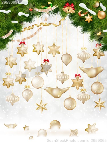 Image of Christmas balls hanging on fir tree. EPS 10