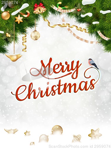 Image of Christmas background with fir and gold balls.