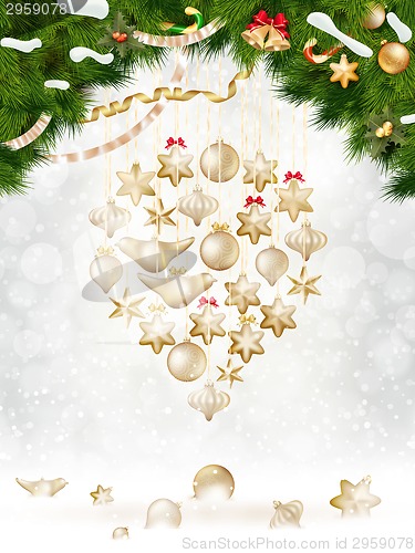 Image of Christmas balls hanging on fir tree. EPS 10